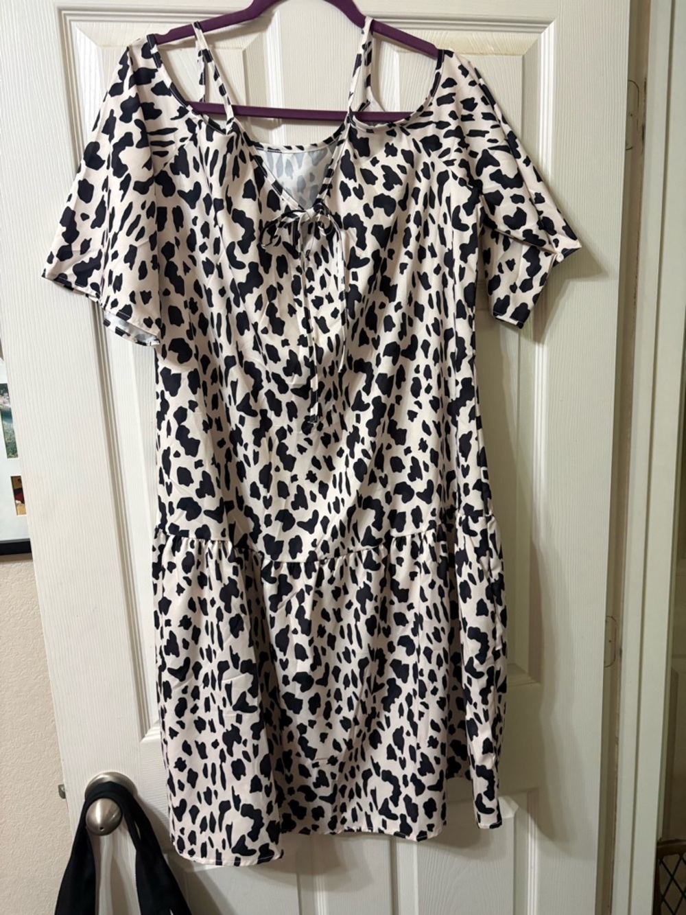 Cold-Shoulder Midi Dress in Black and Cream Animal Print